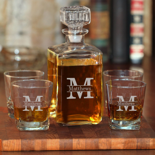 Engraved Whiskey Decanter Set with 4 Rock Glasses