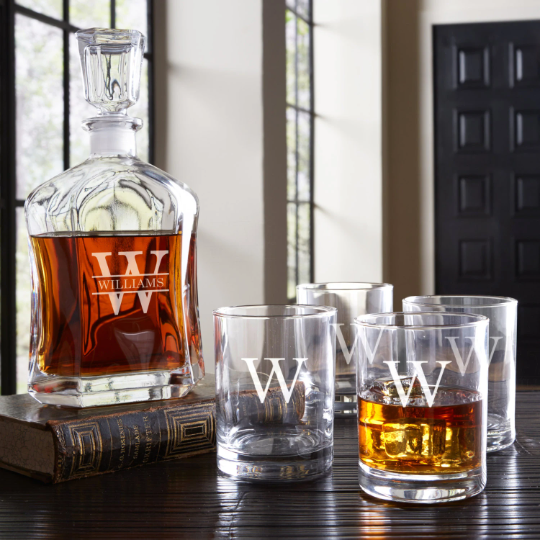 Whiskey Decanter and Double Rocks Glasses Set Personalized w/ Name & Initial