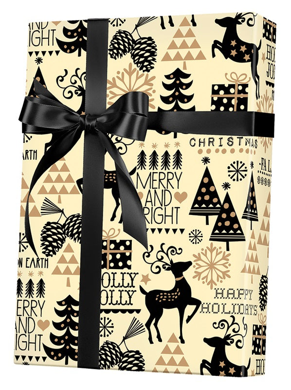 Reindeer Oh My Deer Text Patterned Black Wrapping Paper